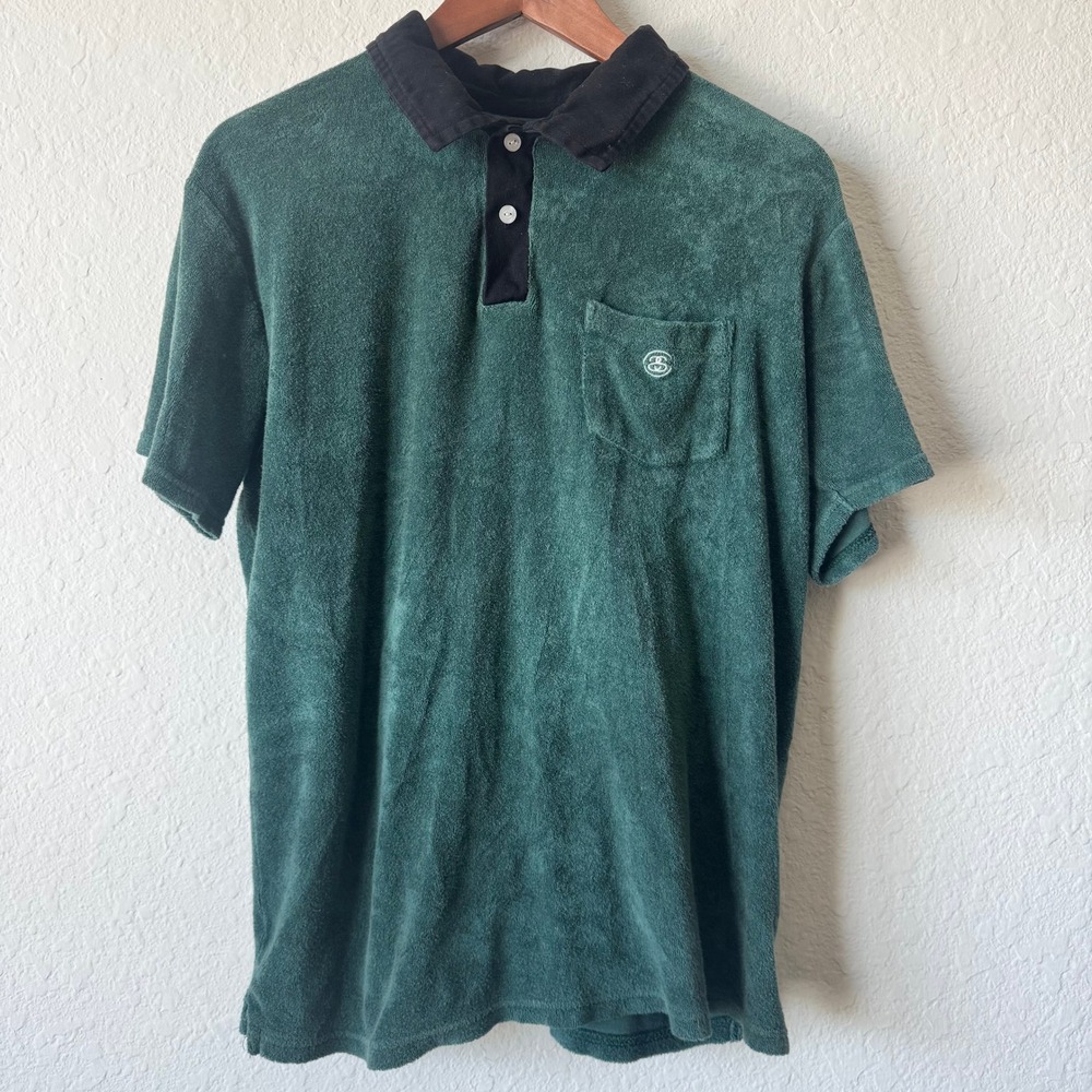 Stussy Mens Terry Cloth Polo Shirt Forest Green Black Collar Logo Size M 114966